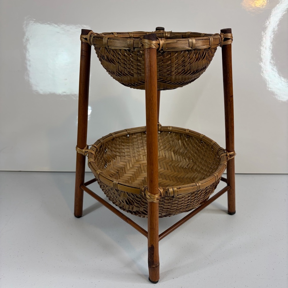 Vintage Rattan 2 Tier Trinket Stand Woven Wicker Tiered Pedestal Basket Decor - Picture 2 of 8